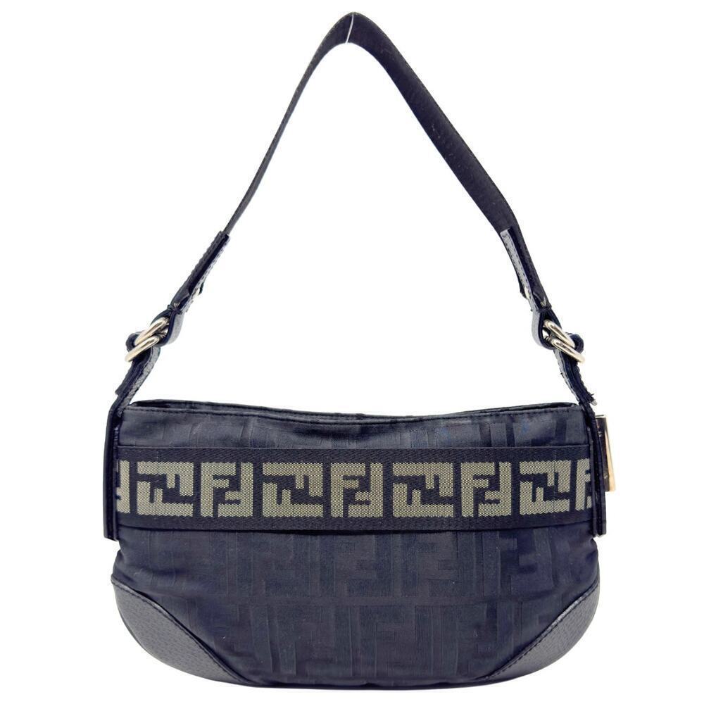 Fendi Bag Purse Baguette FF Logo Zucca Shoulder Strap Black Leather Canvas Nylon